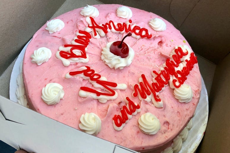 June 4, 2018; Denver, CO, USA; A closeup of George Hefner s newly purchased cake from Masterpiece Cakeshop. The cake, which he bought to celebrate Monday s Supreme Court ruling, says God Bless America and Masterpiece Cakeshop. A divided Supreme Court on M