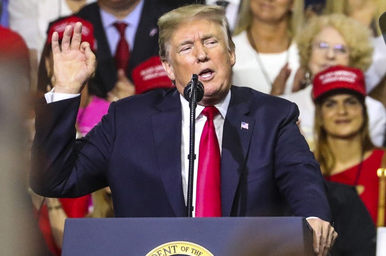 Jul 31, 2018; Tampa, FL, USA; President Donald Trump supporters show up for the President Donald J. Trump s Make America Great Again Rally at the Florida State Fair Grounds Expo Hall. Trump also endorsed Ron DeSantis for Florida Governor. Mandatory Credit
