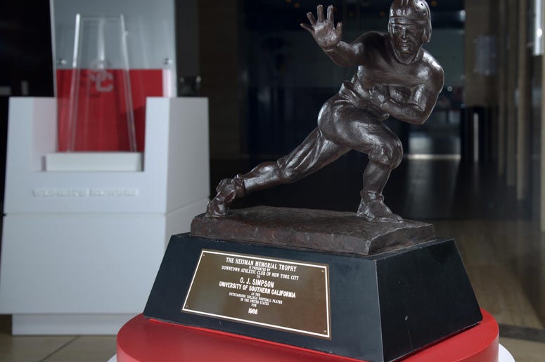 Dec 30, 2014; Los Angeles, CA, USA; General view of the 1968 Heisman Trophy of Southern California Trojans tailback O.J. Simpson (not pictured) at Heritage Hall. Mandatory Credit: Kirby Lee-USA TODAY Sports