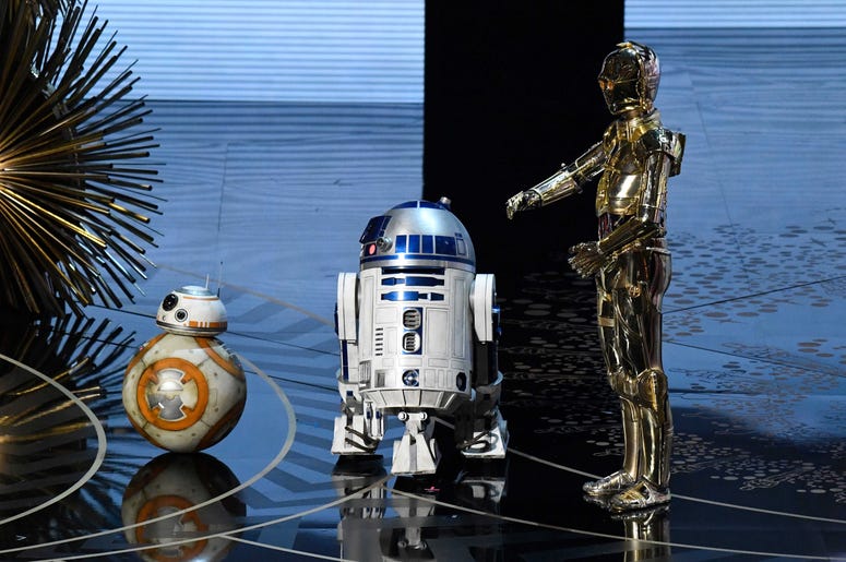 Feb 28, 2016; Hollywood, CA, USA; (From left to right) Star Wars droid characters BB8, R2D2 and C3P0 appear on stage during the 88th annual Academy Awards at the Dolby Theatre. Mandatory Credit: Robert Deutsch-USA TODAY NETWORK