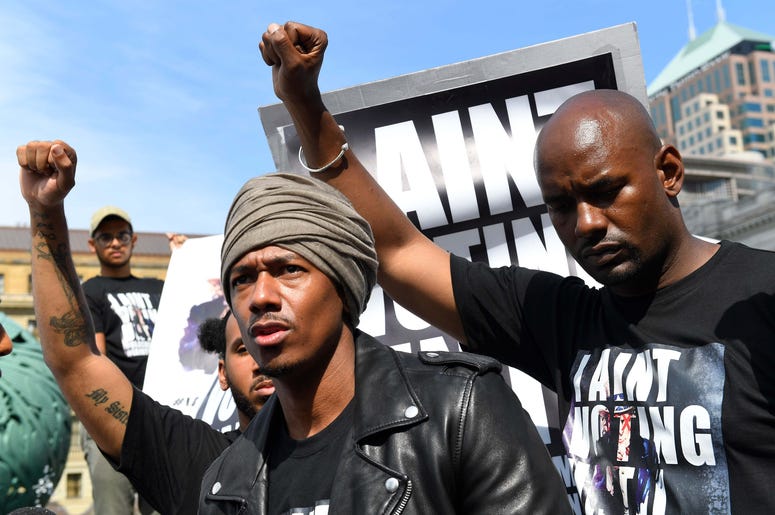 Jul 18, 2016; Cleveland, OH, USA; Rapper and actor Nick Cannon making an appearance with Black Lives Matter at the Public Square in Cleveland during the 2016 Republican National Convention at Quicken Loans Arena.