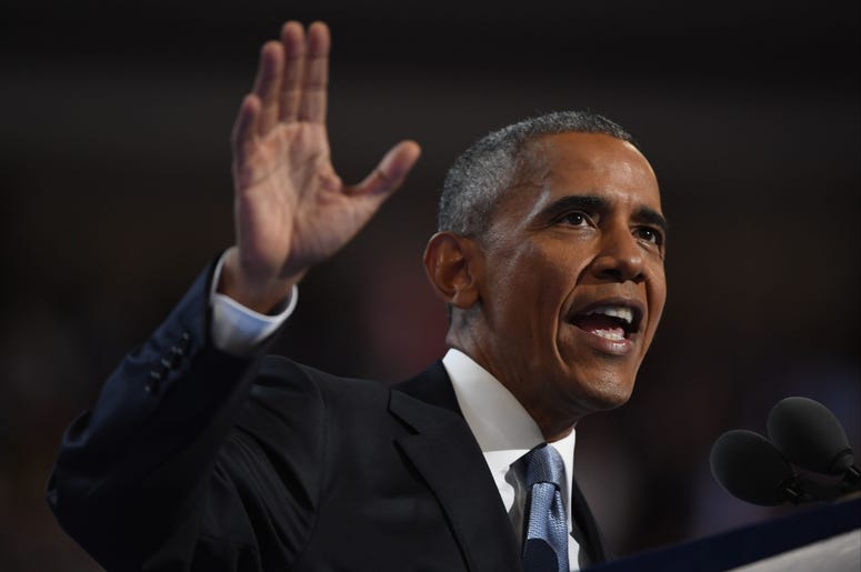Jul 27, 2016; Philadelphia, PA, USA; President Barack Obama speaks during the 2016 Democratic National Convention at Wells Fargo Center. Mandatory Credit: Jack Gruber-USA TODAY NETWORK