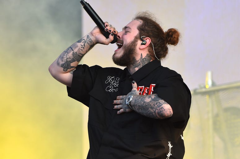7/6/2018 - Post Malone performing on the first day of the Wireless Festival, in Finsbury Park, north London. PRESS ASSOCIATION Photo. Picture date: Friday July 6th, 2018 (Photo by PA Images/Sipa USA) *** US Rights Only ***