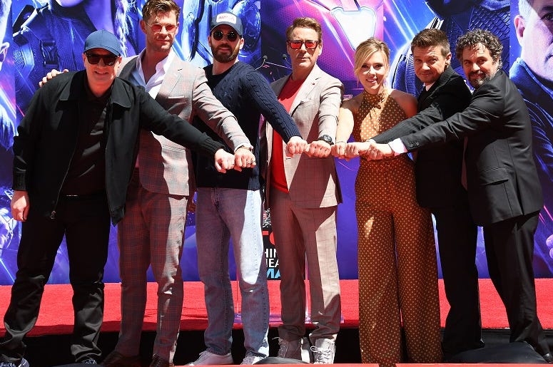 23 April 2019 - Hollywood, California - Kevin Feige, Chris Hemsworth, Chris Evans, Robert Downey, Jr., Scarlett Johansson, Jeremy Renner, Mark Ruffalo. Marvel Studios' "Avengers: Endgame" Cast Handprint Ceremony held at TCL Chinese Theatre. Photo Credit: