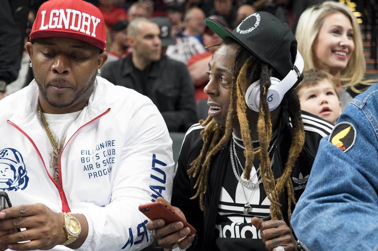 Nov 5, 2017; Portland, OR, USA; Music composer Lil Wayne makes an appearance during the game between the Oklahoma City Thunder at Portland Trail Blazers at Moda Center. Mandatory Credit: Joseph Weiser-USA TODAY Sports