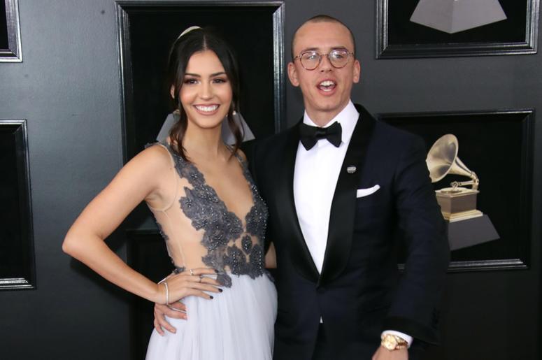 Jan 28, 2018; New York, NY, USA; Logic (R) and Jessica Andrea arrive at the 60th Annual Grammy Awards at Madison Square Garden. Mandatory Credit: Dan MacMedan-USA TODAY