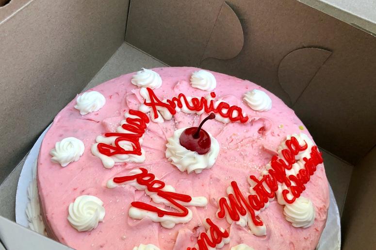 June 4, 2018; Denver, CO, USA; A closeup of George Hefner s newly purchased cake from Masterpiece Cakeshop. The cake, which he bought to celebrate Monday s Supreme Court ruling, says God Bless America and Masterpiece Cakeshop. A divided Supreme Court on M