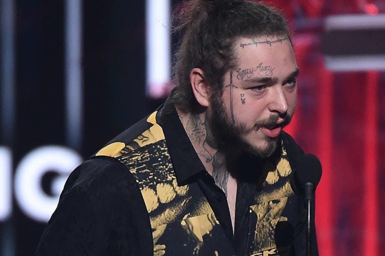 LAS VEGAS, NV - MAY 20: Post Malone accepts an award at the 2018 Billboard Music Awards at MGM Grand Garden Arena on May 20, 2018 in Las Vegas, Nevada. (Photo by Frank Micelotta/PictureGroup/Sipa USA)