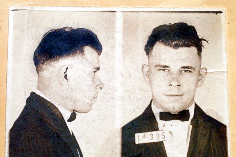 This file photo shows Indiana Reformatory booking shots of John Dillinger, stored in the state archives, and shows the notorious gangster as a 21-year-old. Records show that Dillinger was admitted into the reformatory on Sept. 16, 1924. The body of the 19