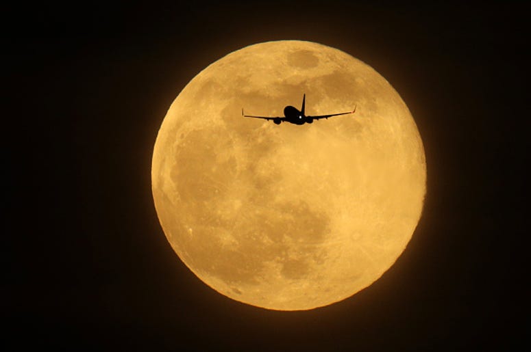 FEBRUARY 19: A plane flies in the sky in front of the largest Supermoon of 2019 on February 19, 2019 in London, England. Today's Supermoon, sometimes known as the Super Snow Moon is the second supermoon of the year. (Photo by Dan Kitwood/Getty Images)