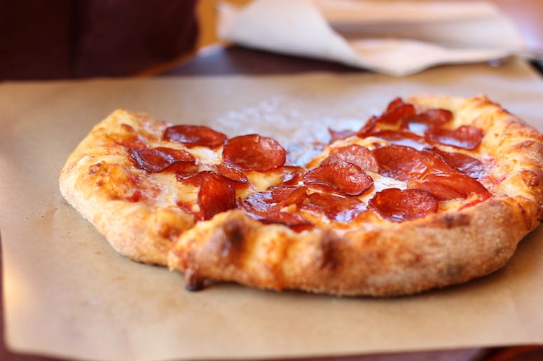 Pepperoni Pizza, Crust, Slice Missing, Greasy Pepperoni Pizza, Crust, Slice Missing, Greasy