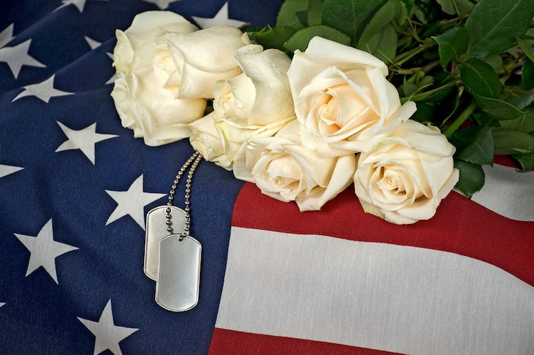 Soldier, Military, Coffin, Casket, American Flag, Dog Tags, White Rose Bouquet Soldier, Military, Coffin, Casket, American Flag, Dog Tags, White Rose Bouquet
