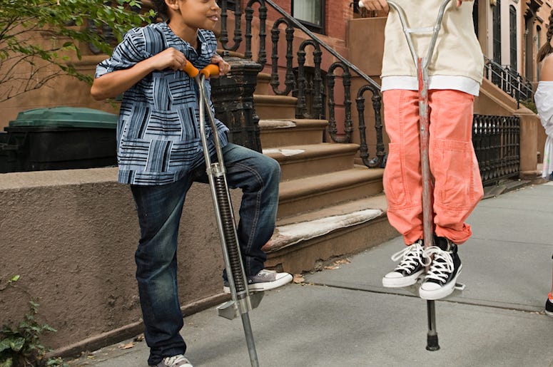 Boys, Pogo Sticks, Bouncing, Sidewalk, City, Downtown, Village Boys, Pogo Sticks, Bouncing, Sidewalk, City, Downtown, Village