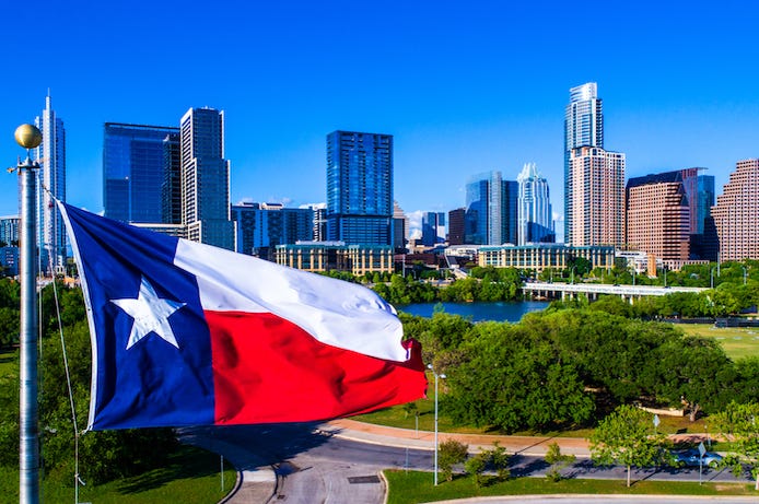 Texas, Flag, Austin, Downtown, Skyline, Blue Sky, Perfect Day Texas, Flag, Austin, Downtown, Skyline, Blue Sky, Perfect Day