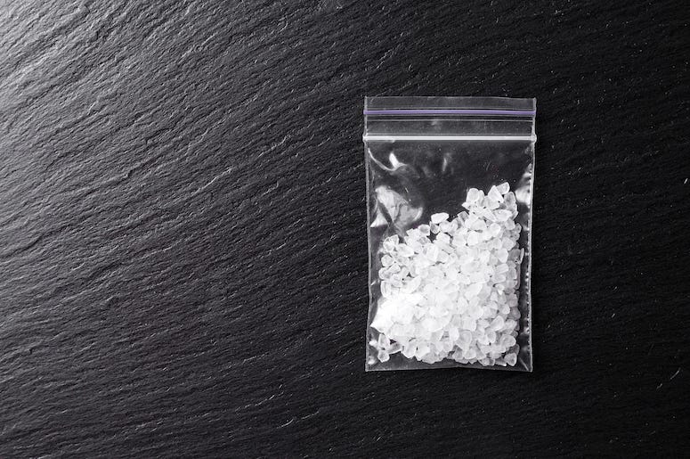 Drugs, Meth, Crystal Meth, Plastic Bag, Table, Black Background Drugs, Meth, Crystal Meth, Plastic Bag, Table, Black Background