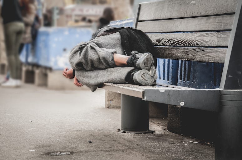 Homeless Man, Sleeping, Wooden Bench Homeless Man, Sleeping, Wooden Bench