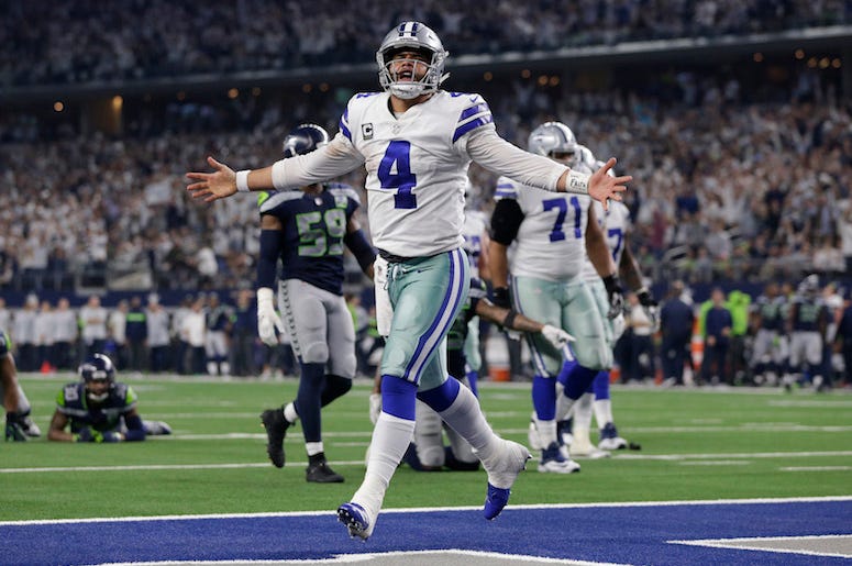 Dak Prescott, Dallas Cowboys, Touchdown, Celebration, Seattle Seahawks, Playoff, 2019 Dak Prescott, Dallas Cowboys, Touchdown, Celebration, Seattle Seahawks, Playoff, 2019