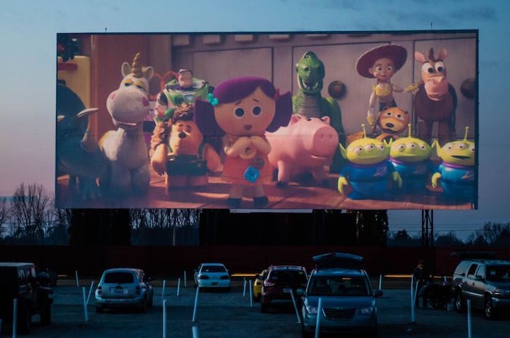 Toy Story 4, Drive In Movie Theater, Screening, Outdoors, Dusk, The Capri Drive In, 2019 Toy Story 4, Drive In Movie Theater, Screening, Outdoors, Dusk, The Capri Drive In, 2019