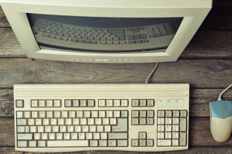 Retro, Computer, Desktop, Rustic, Wooden Table, Keyboard, Mouse Retro, Computer, Desktop, Rustic, Wooden Table, Keyboard, Mouse
