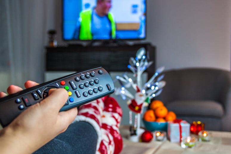 Woman Watching TV, Christmas, Remote, Decorations Woman Watching TV, Christmas, Remote, Decorations