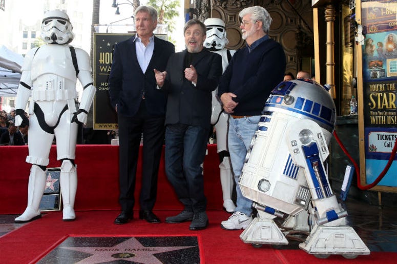 Mark Hamill, Harrison Ford, and George Lucas