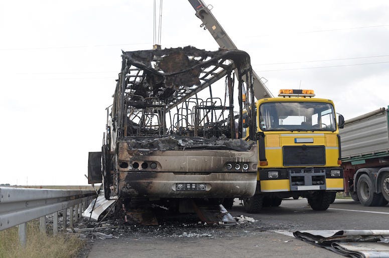 Coach Bus, Burned, Fire, Road, Highway Assistance Coach Bus, Burned, Fire, Road, Highway Assistance