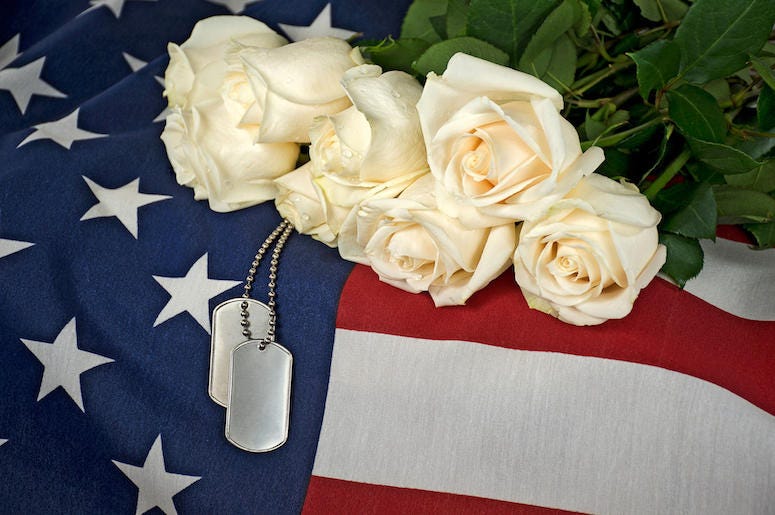 Soldier, Military, Coffin, Casket, American Flag, Dog Tags, White Rose Bouquet Soldier, Military, Coffin, Casket, American Flag, Dog Tags, White Rose Bouquet