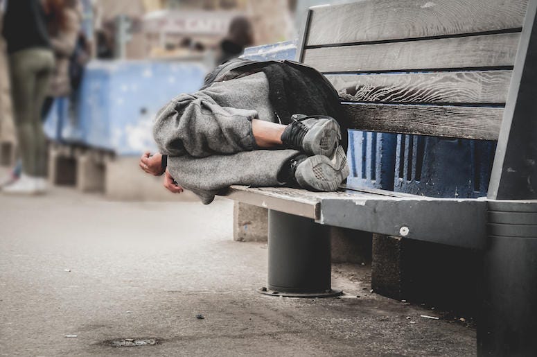 Homeless Man, Sleeping, Wooden Bench Homeless Man, Sleeping, Wooden Bench