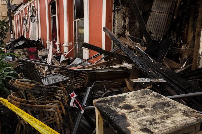Restaurant, Burned, Looted, Patio, Furniture Restaurant, Burned, Looted, Patio, Furniture