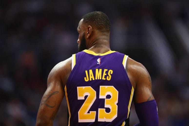 Detailed view of the jersey worn by Los Angeles Lakers forward Lebron James (23) against the Phoenix Suns at Talking Stick Resort Arena. Detailed view of the jersey worn by Los Angeles Lakers forward Lebron James (23) against the Phoenix Suns at Talking Stick Resort Arena.
