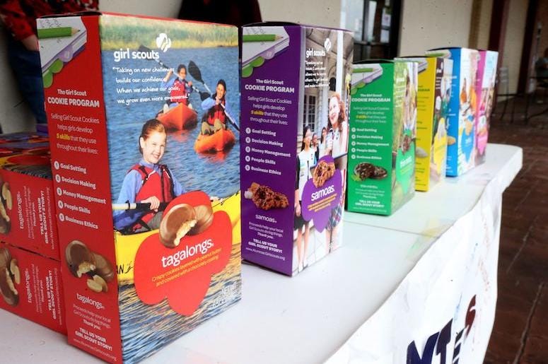 Girl Scout Cookies, Boxes, Table, Display, For Sale Girl Scout Cookies, Boxes, Table, Display, For Sale