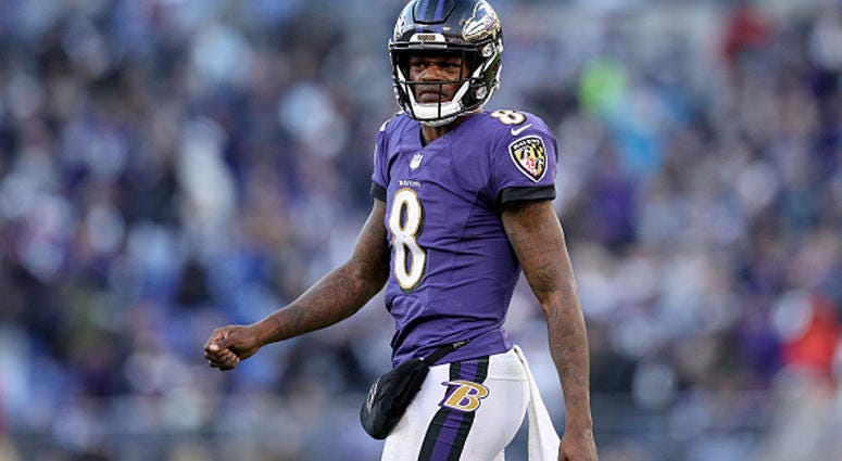 JANUARY 06: Lamar Jackson #8 of the Baltimore Ravens reacts after a play against the Los Angeles Chargers during the fourth quarter in the AFC Wild Card Playoff game at M&T Bank Stadium on January 06, 2019 in Baltimore, Maryland. (Photo by Patrick Smith/G