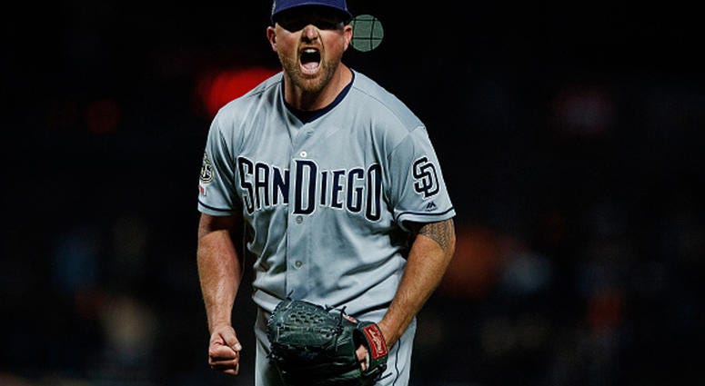 APRIL 08: Kirby Yates #39 of the San Diego Padres celebrates after the game against the San Francisco Giants at Oracle Park on April 8, 2019 in San Francisco, California. The San Diego Padres defeated the San Francisco Giants 6-5. (Photo by Jason O. Wats