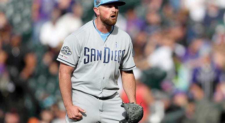 JUNE 16: Pitcher Kirby Yates #39 of the San Diego Padres celebrates the last out against the Colorado Rockies in the ninth inning against the Colorado Rockies at Coors Field on June 16, 2019 in Denver, Colorado. (Photo by Matthew Stockman/Getty Images)