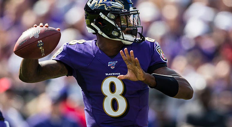 Lamar Jackson #8 of the Baltimore Ravens attempts a pass against the Cleveland Browns during the first half at M&T Bank Stadium on September 29, 2019 in Baltimore, Maryland. (Photo by Scott Taetsch/Getty Images)