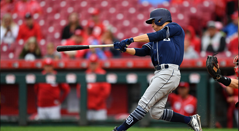 SEPTEMBER 9: Luis Urias #9 of the San Diego Padres hits a two-run home run in the fourth inning against the Cincinnati Reds at Great American Ball Park on September 9, 2018 in Cincinnati, Ohio. (Photo by Jamie Sabau/Getty Images)