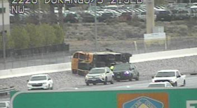 Screenshot of overturned school bus on 3-10-20