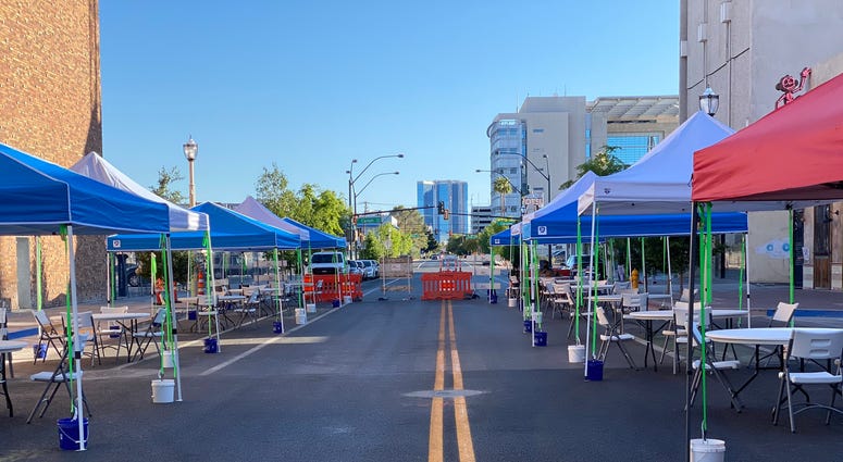 Tables set for diners in Downtown Las Vegas