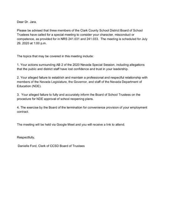 Letter sent to Superintendent Jesus Jara by CCSD Board Of Trustees on 7-22-20