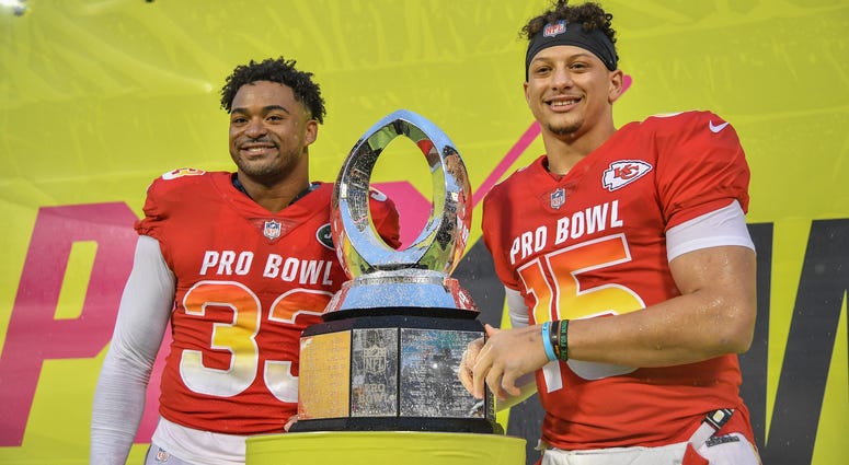 Jamal Adams #33 of the New York Jets and Patrick Mahomes #15 of the Kansas City Chiefs are names Co-MVP's after the 2019 NFL Pro Bowl at Camping World Stadium on January 27, 2019 in Orlando, Florida.