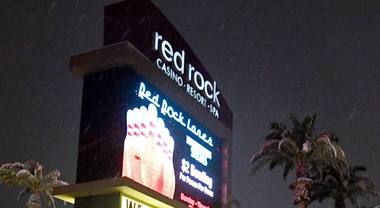 Snow falls outside the Red Rock Casino during a winter storm on February 20, 2019 in Las Vegas, Nevada.