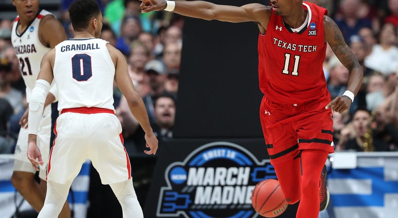 Tariq Owens #11 of the Texas Tech Red Raiders celebrates after a play against the Gonzaga Bulldogs during the second half of the 2019 NCAA Men's Basketball Tournament West Regional at Honda Center on March 30, 2019