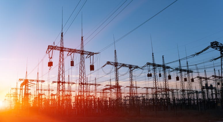 High-voltage power lines. Electricity distribution station. high voltage electric transmission tower