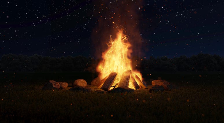 3d rendering of big bonfire with sparks and particles in front of forest and starry sky