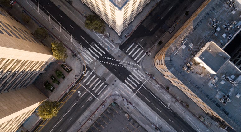 Aerial view looking straight down on to Los Angeles' city streets.