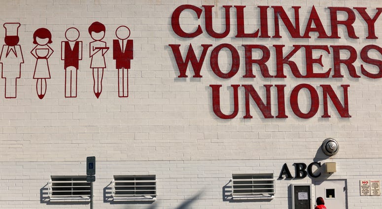A member enters the building of Culinary Workers Union, Local 226, February 13, 2020 in Las Vegas, Nevada.