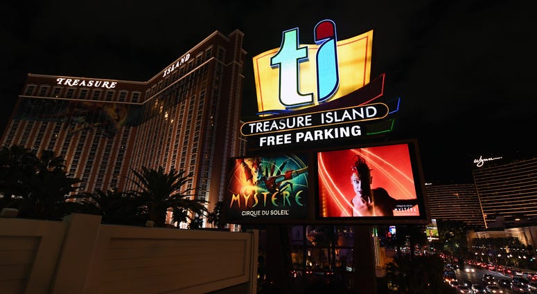 The marquee at the Treasure Island Hotel & Casino shows advertisements for the “Mystere by Cirque du Soleil” show as the coronavirus continues to spread across the United States on March 14, 2020 in Las Vegas, Nevada.