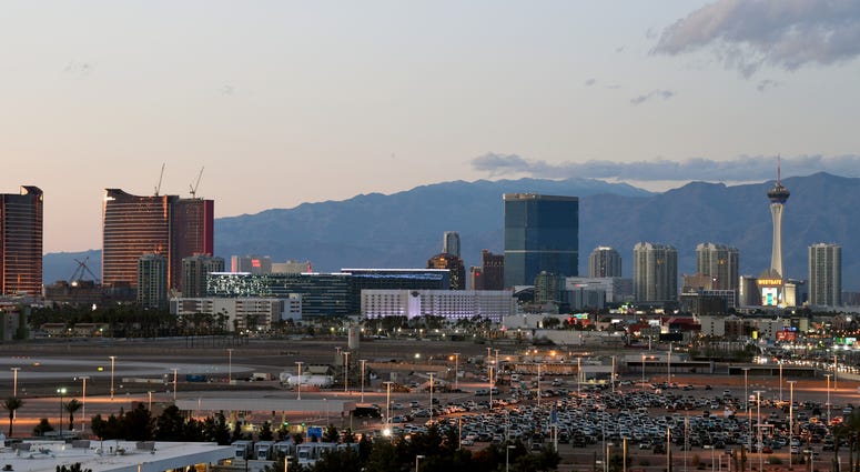 A general view shows hotel-casinos as the coronavirus continues to spread across the United States on March 15, 2020 in Las Vegas, Nevada. MGM Resorts International announced on Sunday that it will suspend casino operations on Monday and hotel operations