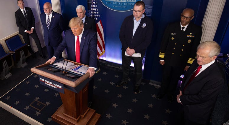 U.S. President Donald Trump speaks at the daily coronavirus briefing