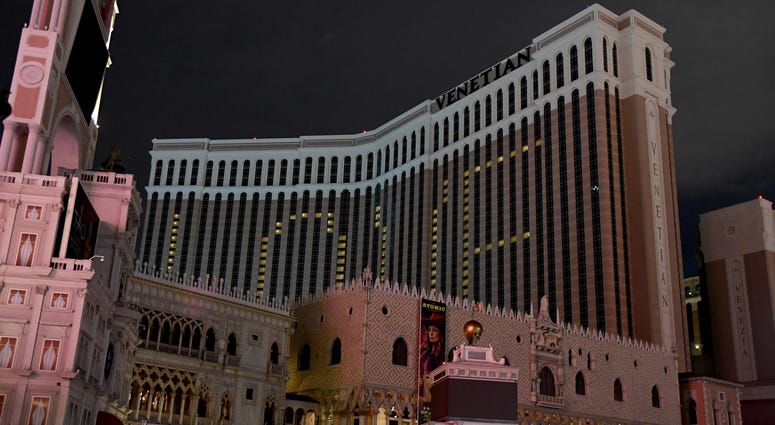 The shuttered Venetian Las Vegas on the Las Vegas Strip is shown with its exterior lights turned off in observance of Earth Hour